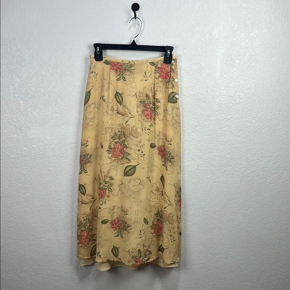 Vintage Talbots Womens Floral Yellow Midi Skirt 100% Silk Y2K Career Chic Button - Picture 1 of 8